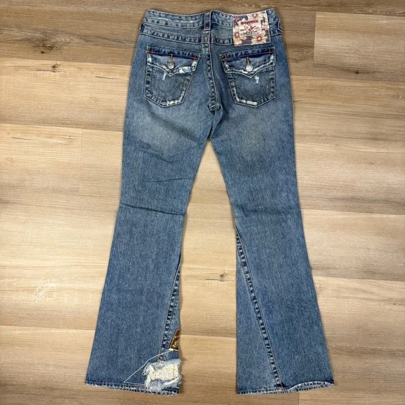True Religion Low Rise Distressed Flare Jeans, Size 27 - Picture 3 of 7